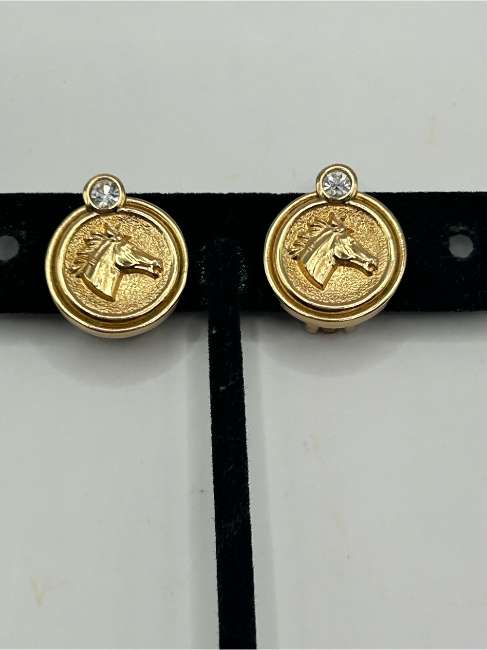 Burberrys Gold Horse Head Clip-On Earrings with Clear Stone